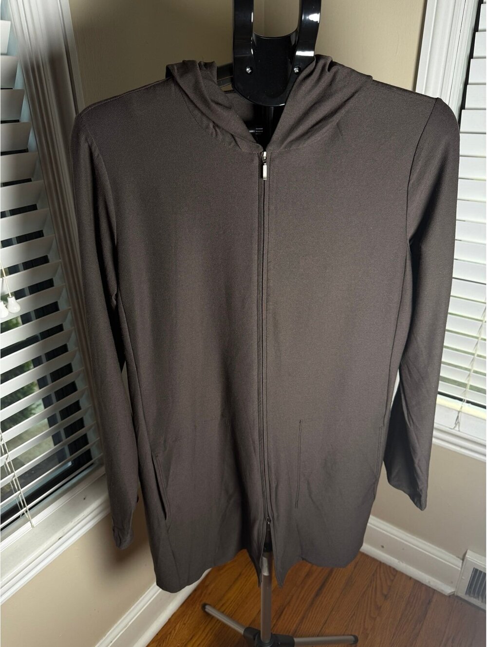 Eileen Fisher Brown Stretch Jersey Hooded Zip Jacket Tunic USA Made Medium Trave
